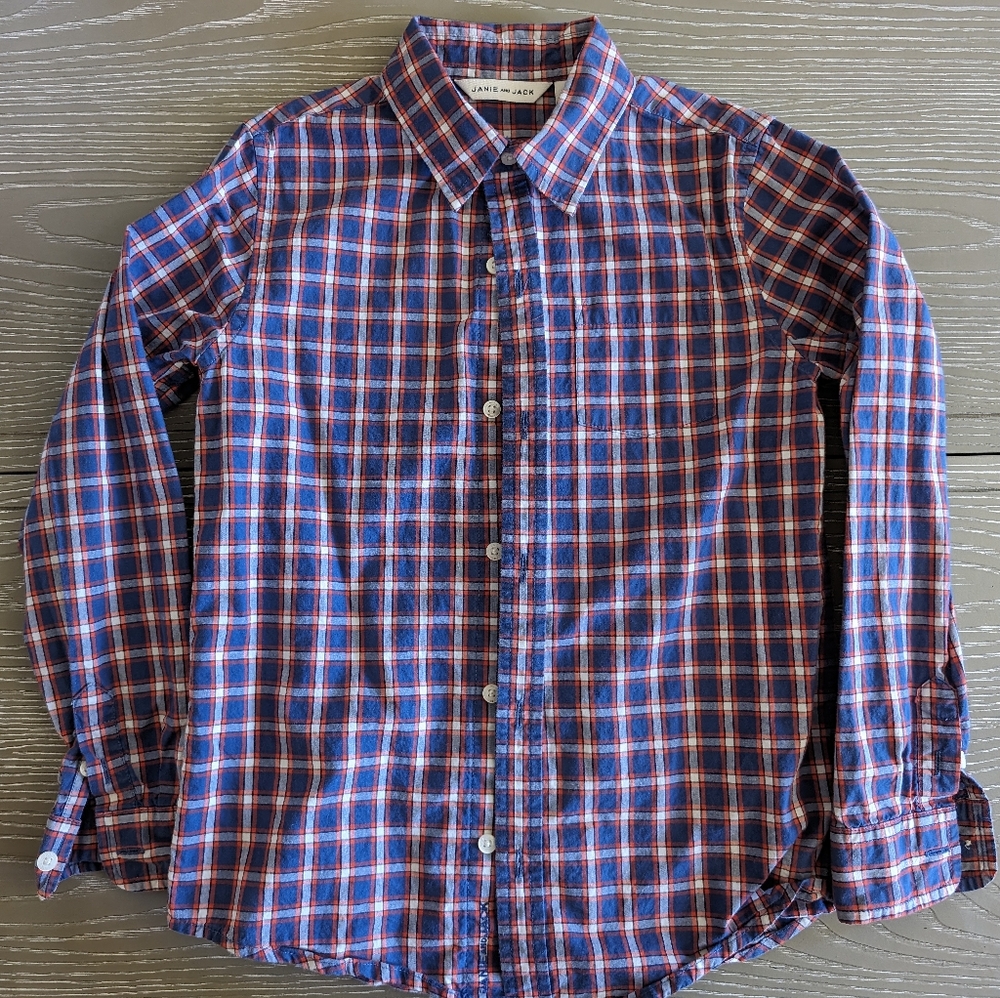 Janie and Jack Size 7 Blue, Red and White Button Up Shirt